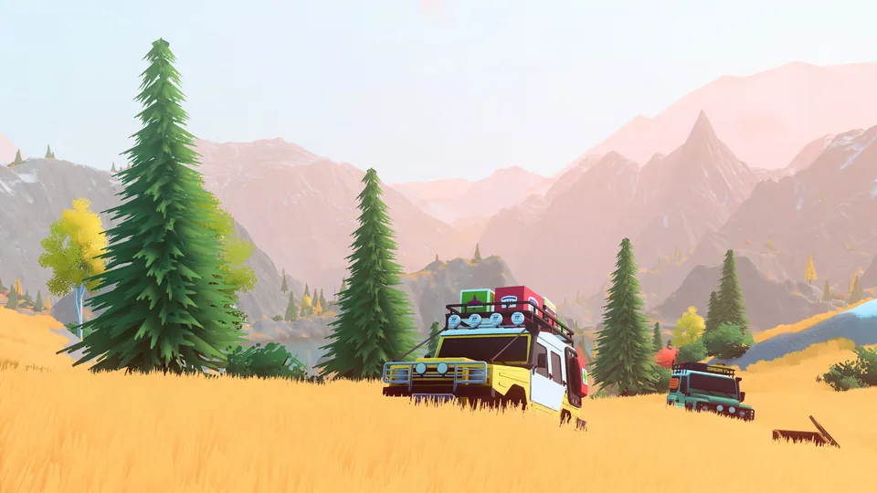 Loaded 4x4 wagons crossing a golden autumn meadow in over the hill