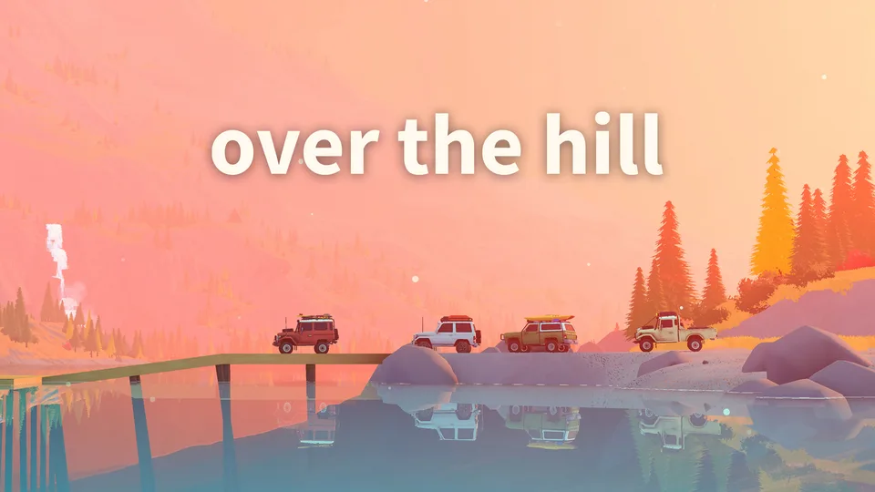 Official over the hill key art with four classic 4x4 vehicles beneath the game logo