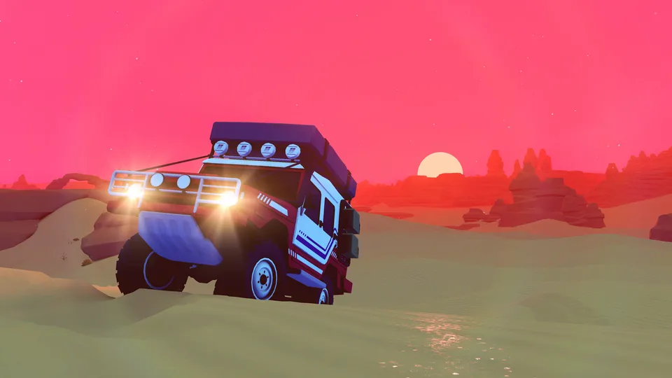 Headlights of a 4x4 crossing desert dunes under a pink evening sky